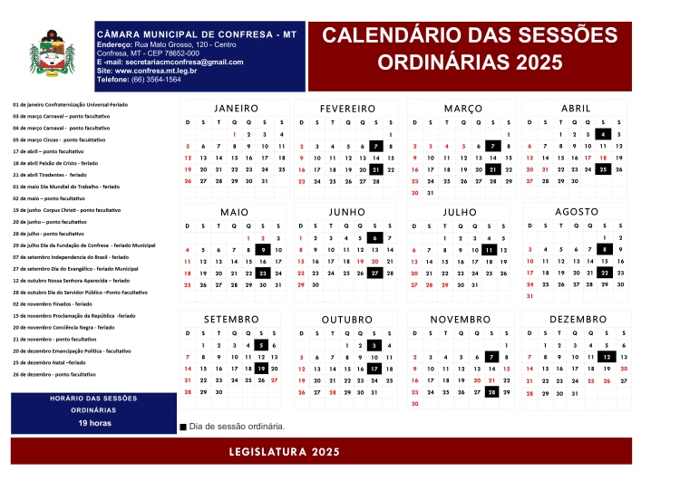 Calend&aacute;rio das Sess&otilde;es Ordin&aacute;rias 2025