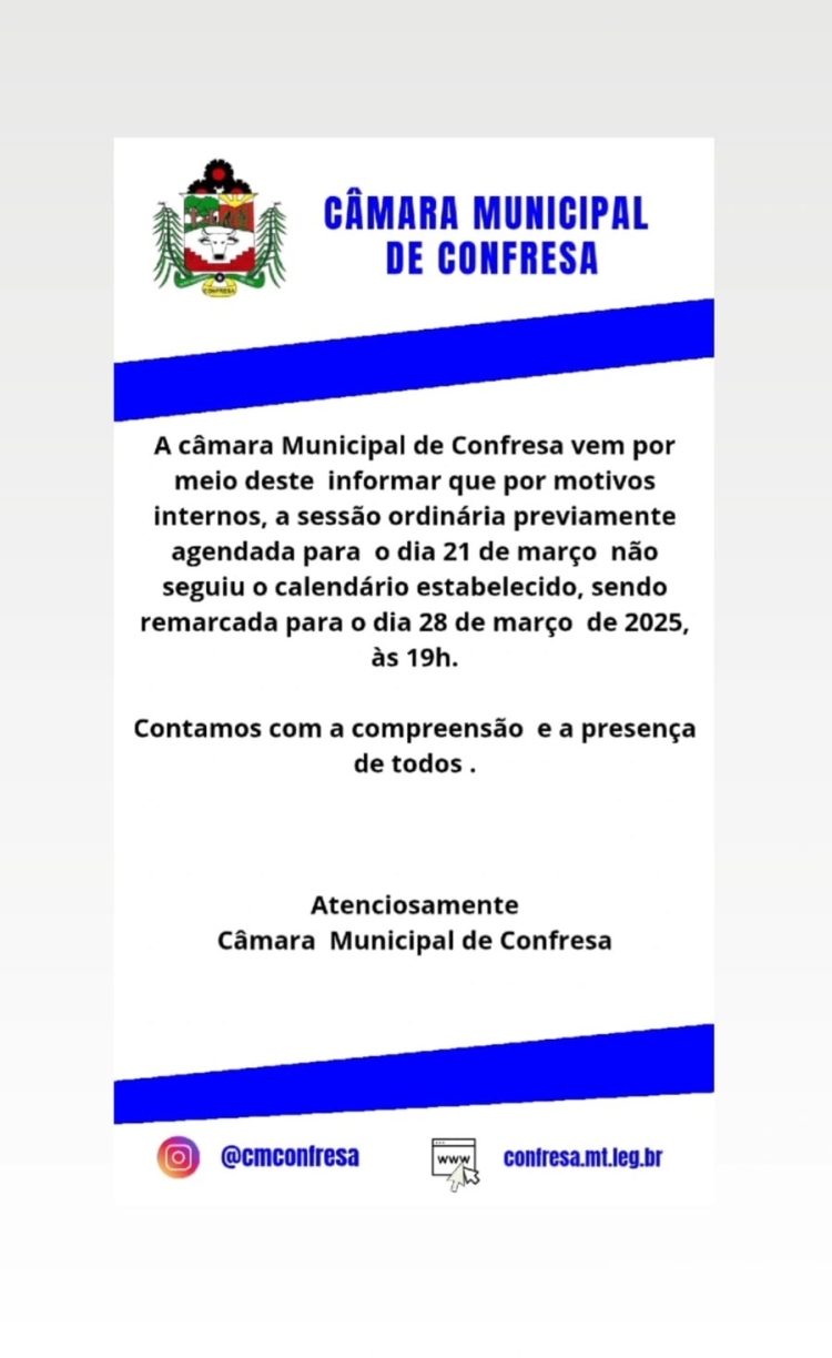 Comunicado importante, altera&ccedil;&atilde;o de Data da sess&atilde;o ordin&aacute;ria